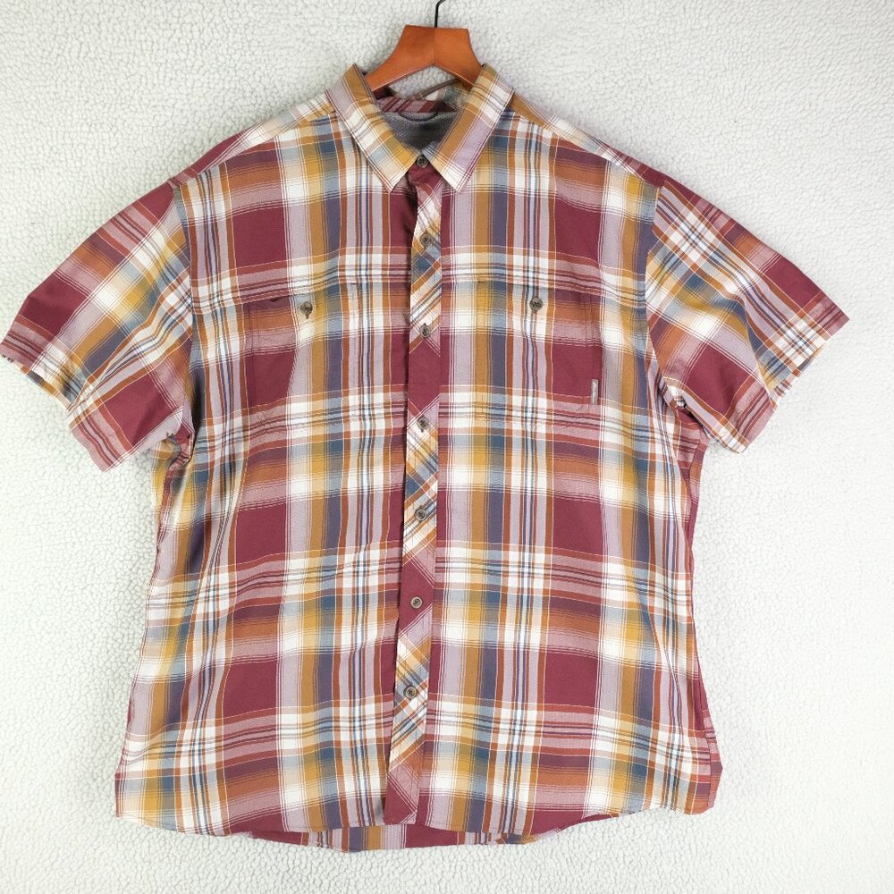 Eddie Bauer Shirt Mens Extra Large Purple Brown Plaid Travex Short Sleeve Hike